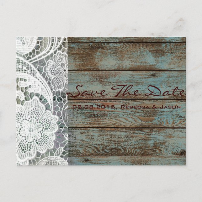 rustic lace teal barn wood wedding save the date announcement postcard (Front)
