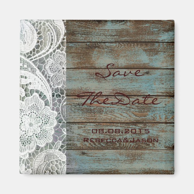 rustic lace teal barn wood wedding save the date magnet (Front)