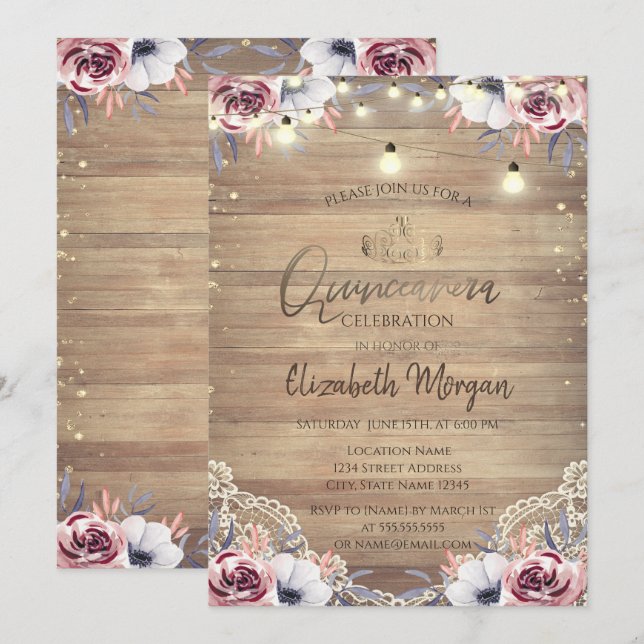 Rustic Lace,Tiara,Lights,Wood Roses Quinceañera Invitation (Front/Back)