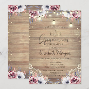 Rustic Lace,Tiara,Lights,Wood Roses Quinceañera Invitation