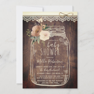 Rustic Lace & Twine | Floral Mason Jar Baby Shower Invitation