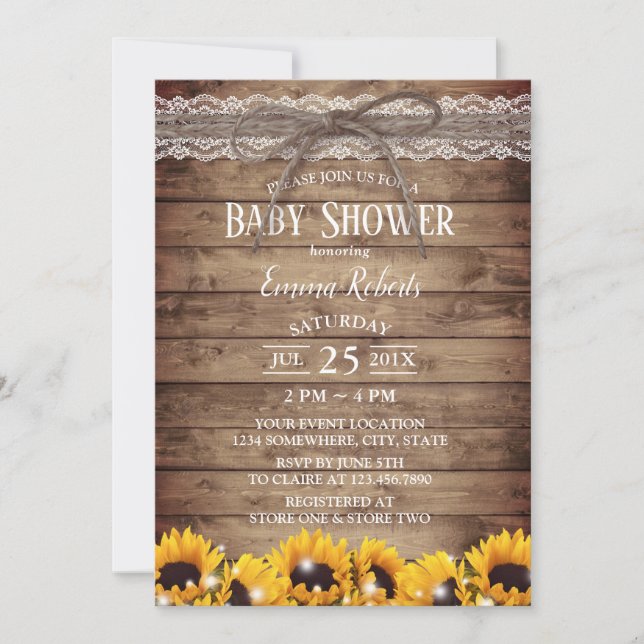 Rustic Lace & Twine Sunflower Floral Baby Shower Invitation (Front)