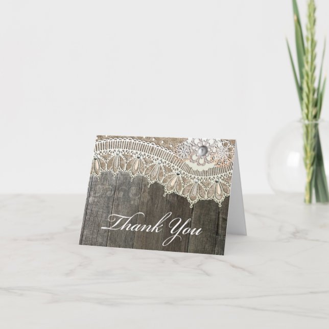 Rustic Lace Vintace Wood Thank You Cards (Front)