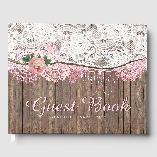 Rustic Lace Wood Baby Shower Wedding Guest Book (Front)