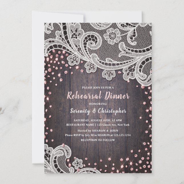 Rustic lace wood blush glitter rehearsal dinner invitation (Front)