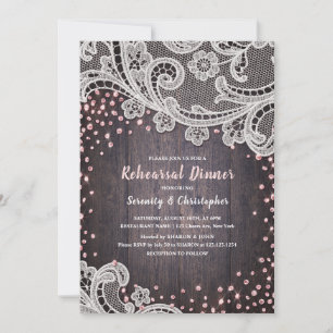 Rustic lace wood blush glitter rehearsal dinner invitation
