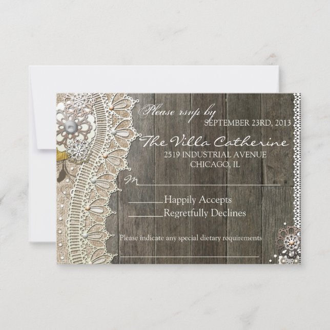 Rustic Lace Wood Floral  Wedding Reception RSVP Card (Front)