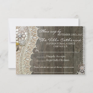 Rustic Lace Wood Floral Wedding Reception RSVP Card