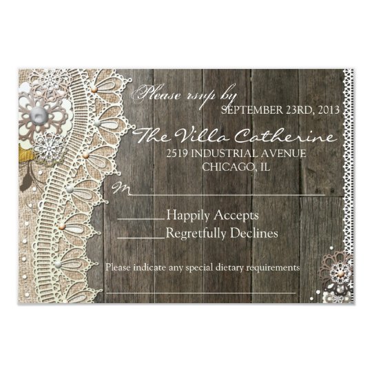 Rustic Lace Wood Floral Wedding Reception RSVP Card