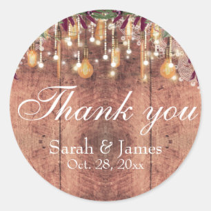 Rustic Lace Wood Lights Wedding thank you Classic Round Sticker