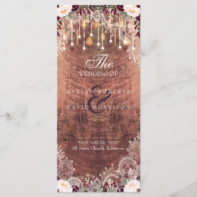 Rustic Lace Wood String Lights Wedding Program Programme (Front)