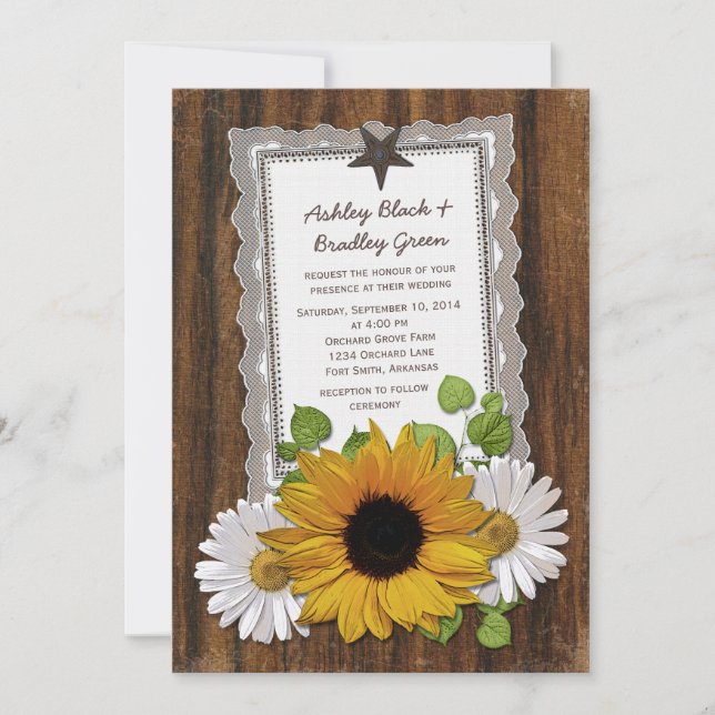Rustic Lace Wood Sunflower Daisy Country Wedding Invitation (Front)