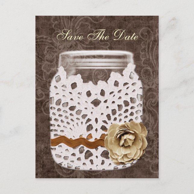 Rustic Lace Wrapped Mason Jar Wedding Announcement Postcard (Front)