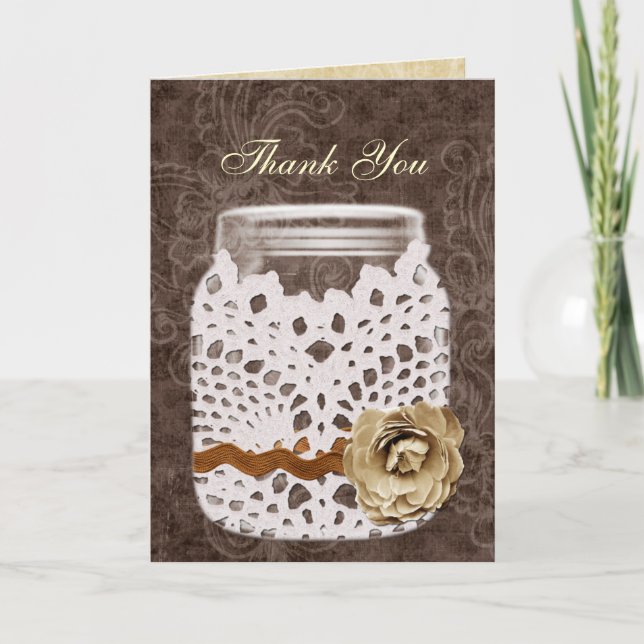 Rustic Lace Wrapped Mason Jar Wedding Thank You Card (Front)