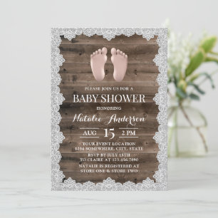 Rustic Laced Barn Wood Baby Feet Baby Shower Invitation