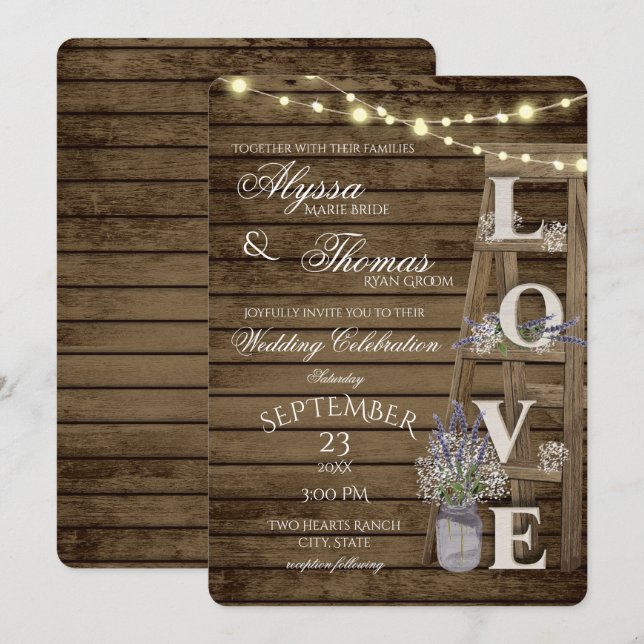 Rustic Ladder and Lights Lavender Love Wedding Invitation (Front/Back)