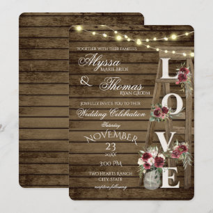 Rustic Ladder and Lights Love Burgundy Wedding Invitation
