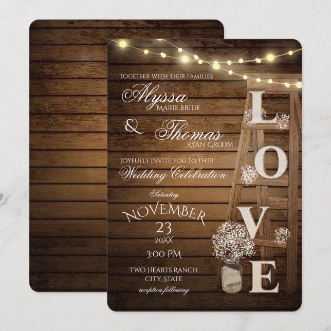 Rustic Ladder and Lights Love Wedding Invitation (Front/Back)