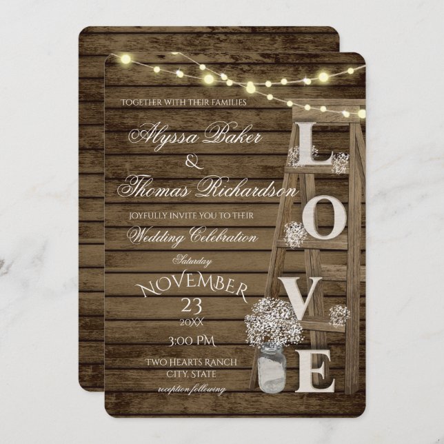 Rustic Ladder and Lights Love Wedding Invitation (Front/Back)