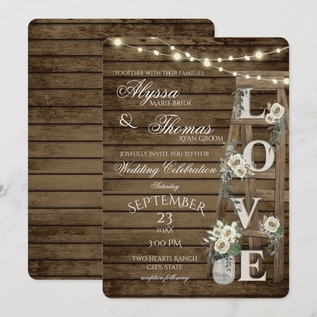 Rustic Ladder and White Roses Love Wedding Invitation (Front/Back)
