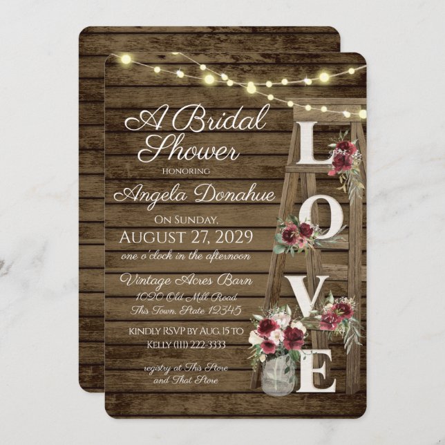 Rustic Ladder Burgundy Bridal Shower Invitation (Front/Back)