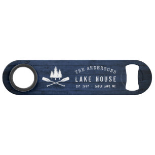 Rustic Lake House Boat Oars Trees Blue Wood Print
