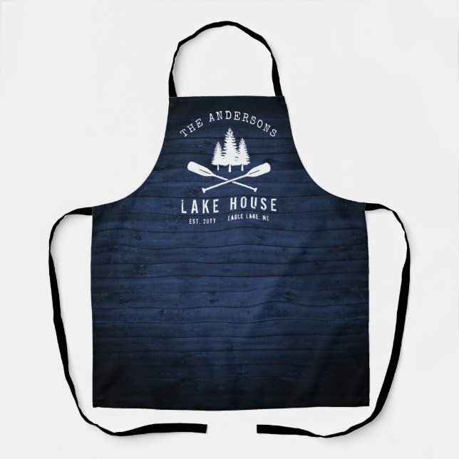 Rustic Lake House Boat Oars Trees Blue Wood Print Apron (Front)