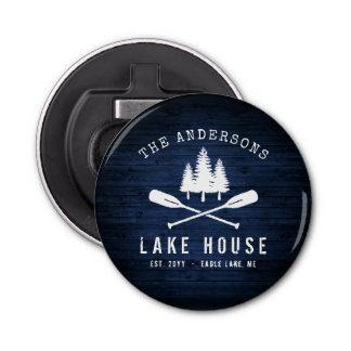 Rustic Lake House Boat Oars Trees Blue Wood Print Bottle Opener