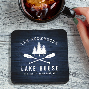 Rustic Lake House Boat Oars Trees Blue Wood Print Coaster