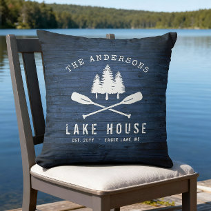 Rustic Lake House Boat Oars Trees Blue Wood Print Cushion
