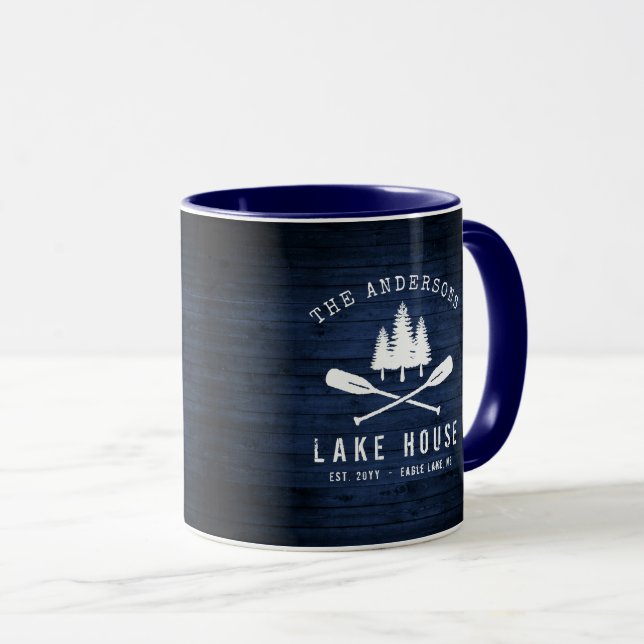 Rustic Lake House Boat Oars Trees Blue Wood Print Mug (Front Right)