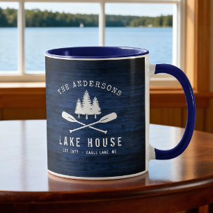 Rustic Lake House Boat Oars Trees Blue Wood Print Mug