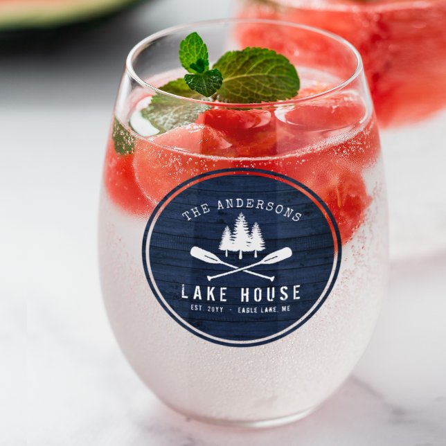 Rustic Lake House Boat Oars Trees Blue Wood Print Stemless Wine Glass (Creator Uploaded)