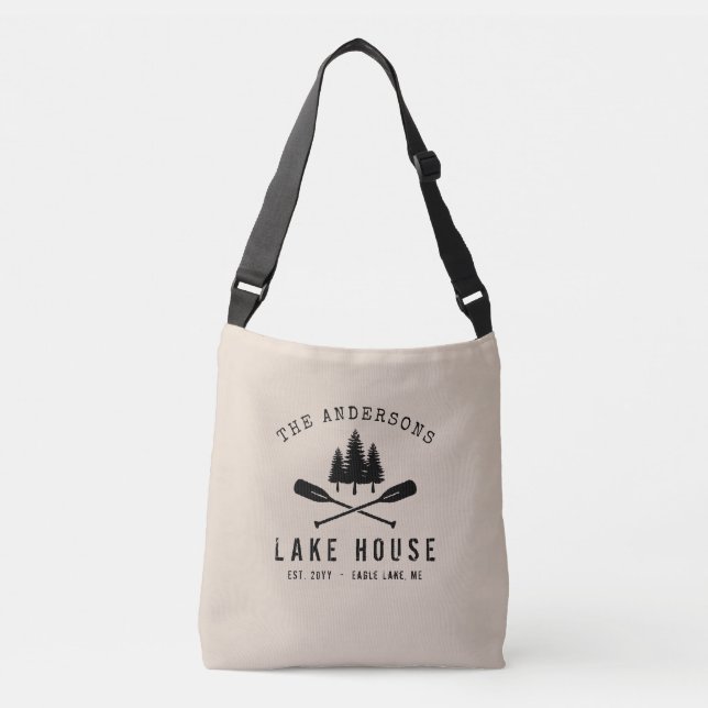 Rustic Lake House Boat Oars Trees Family Name Crossbody Bag (Front)