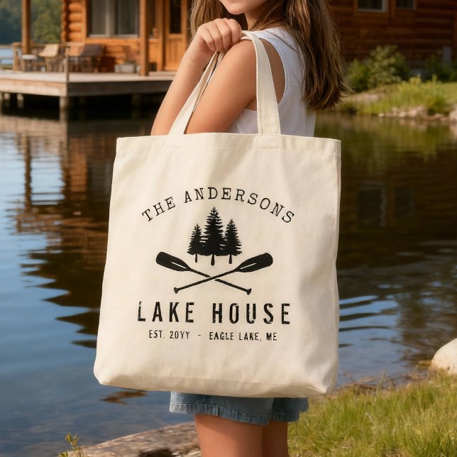 Rustic Lake House Boat Oars Trees Family Name Tote Bag (Creator Uploaded)