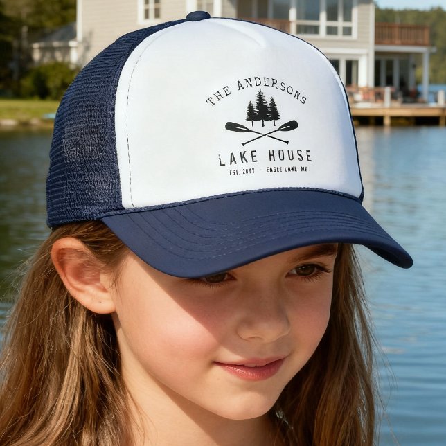 Rustic Lake House Boat Oars Trees Family Name Trucker Hat (Creator Uploaded)