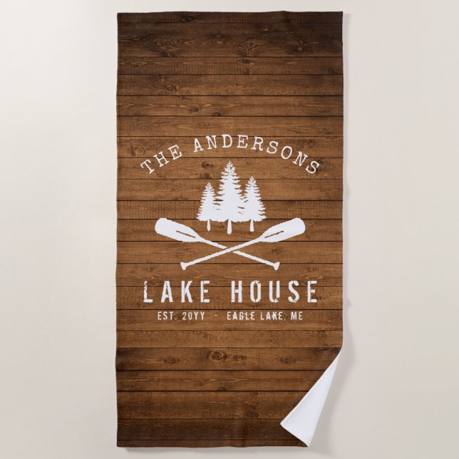 Rustic Lake House Boat Oars Trees Wood Print Beach Towel (Front)