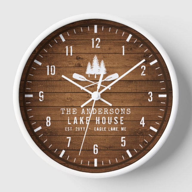 Rustic Lake House Boat Oars Trees Wood Print Clock (Front)