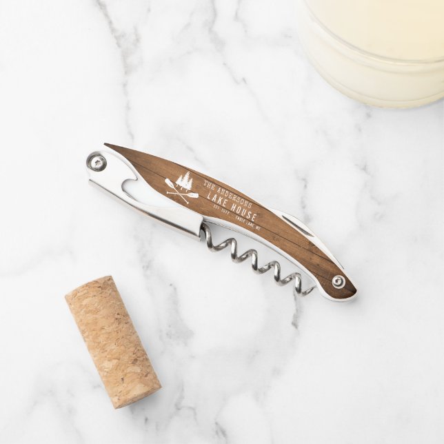 Rustic Lake House Boat Oars Trees Wood Print Corkscrew (Front)