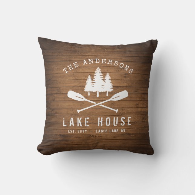 Rustic Lake House Boat Oars Trees Wood Print Cushion (Front)