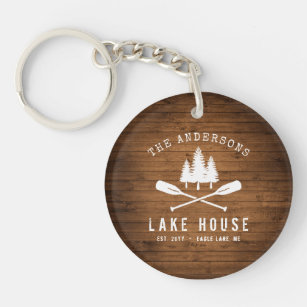 Rustic Lake House Boat Oars Trees Wood Print Key Ring