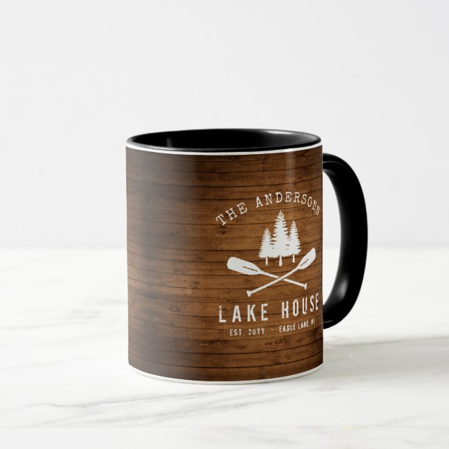 Rustic Lake House Boat Oars Trees Wood Print Mug (Front Right)