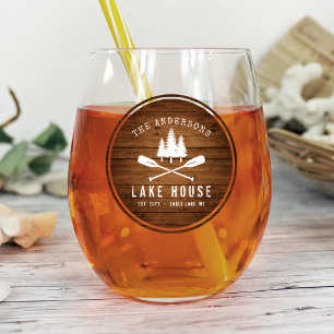 Rustic Lake House Boat Oars Trees Wood Print Stemless Wine Glass