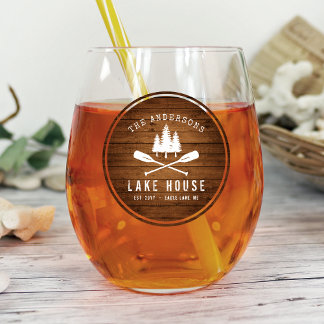 Rustic Lake House Boat Oars Trees Wood Print Stemless Wine Glass
