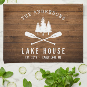 Rustic Lake House Boat Oars Trees Wood Print Tea Towel
