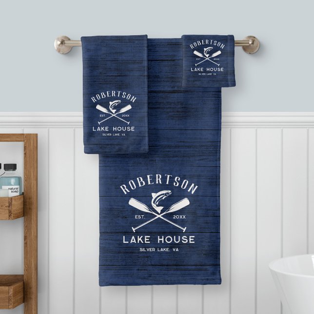 Rustic Lake House Family Name Blue Wood Bath Towel Set (Creator Uploaded)