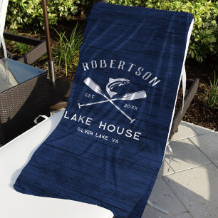Rustic Lake House Family Name Blue Wood Beach Towel