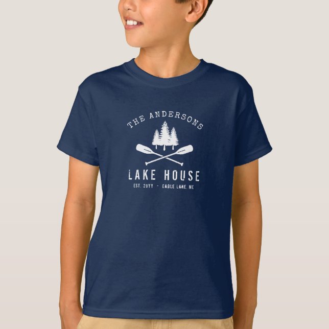 Rustic Lake House Family Name Boat Oars Trees T-Shirt (Front)