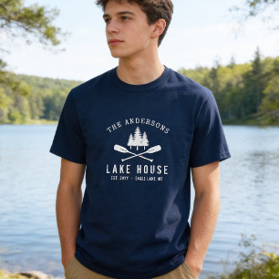 Rustic Lake House Family Name Boat Oars Trees T-Shirt