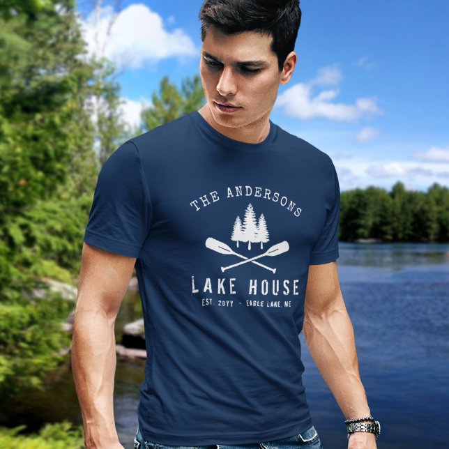 Rustic Lake House Family Name Boat Oars Trees T-Shirt (Many shirt styles, colors and sizes to choose from.)